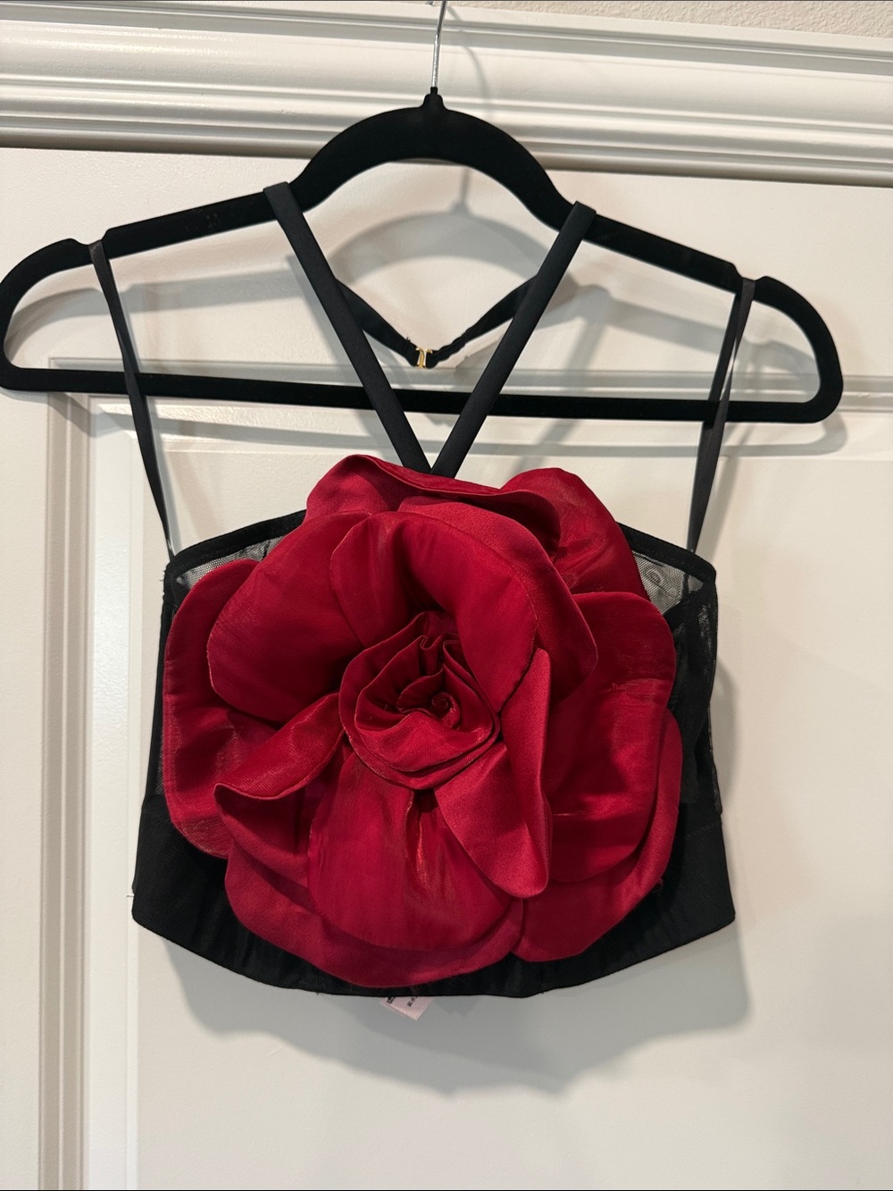 Victoria's Secret Black Crop Top with Large Red Rose Applique